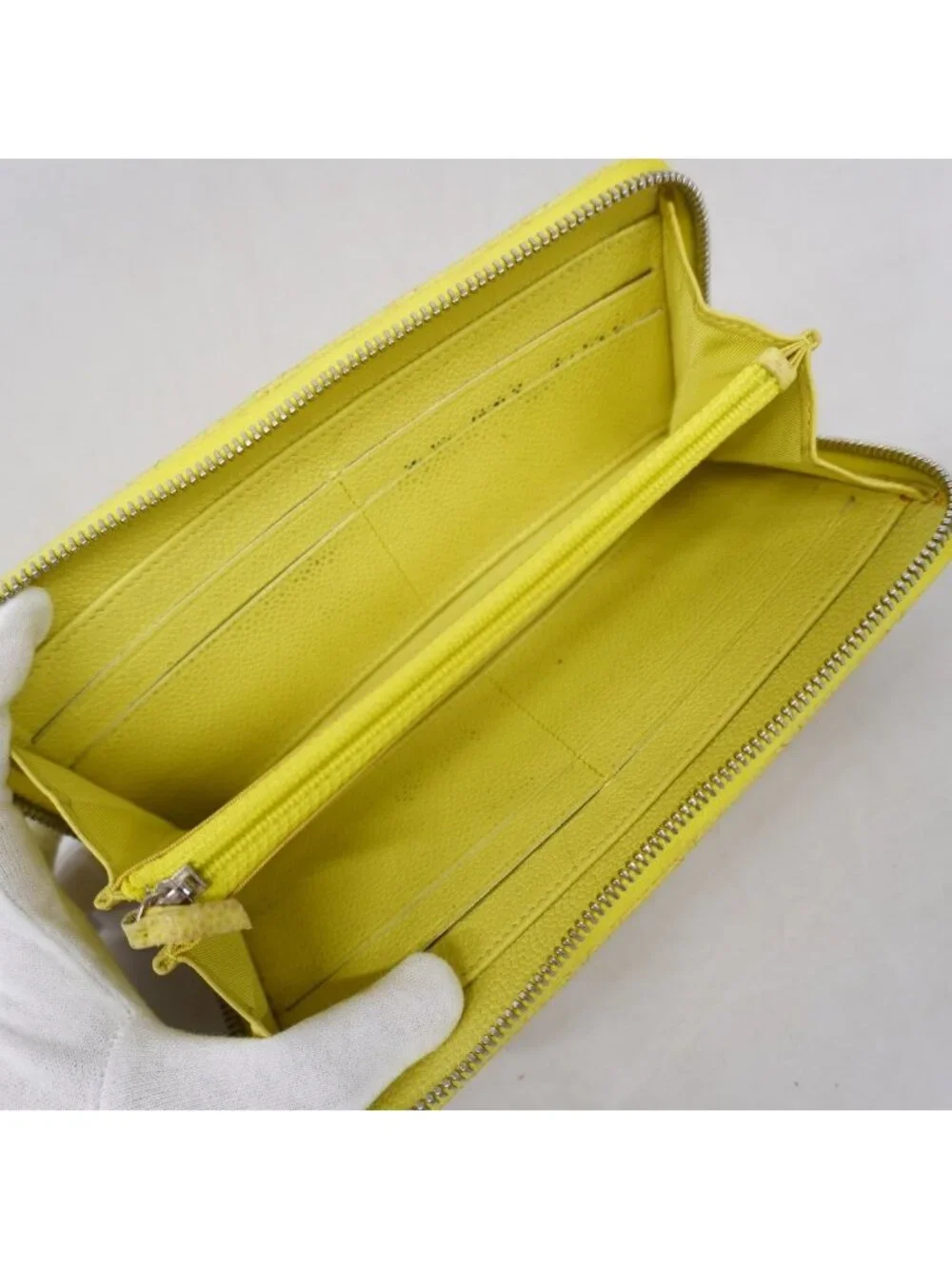 Chanel Wallet Quilted Caviar Leather Yellow Silver